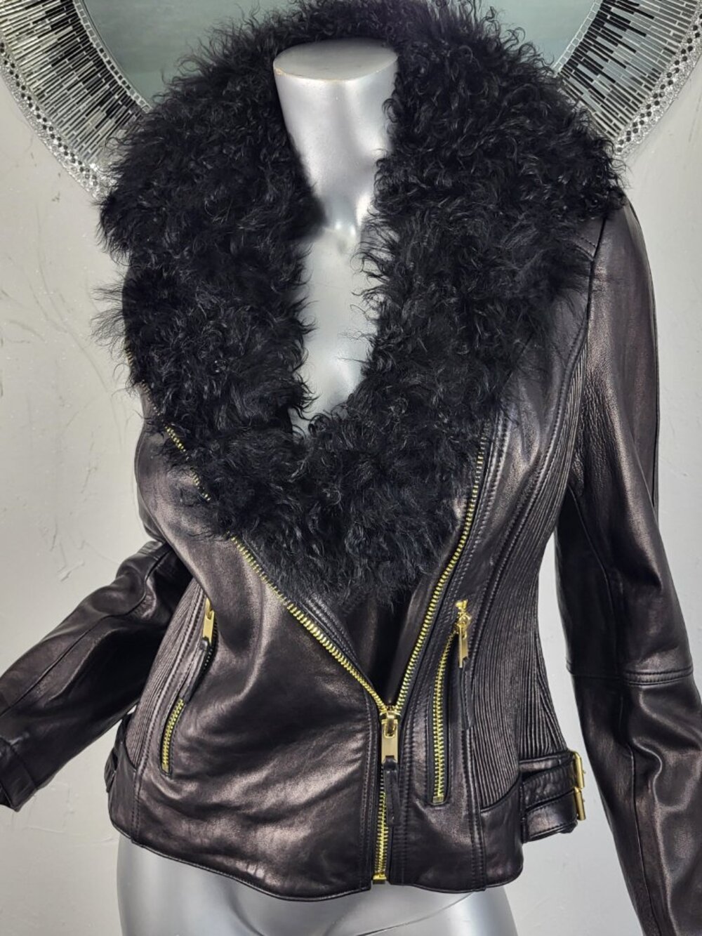 WILSON'S~M~BLACK GENUINE LEATHER REAL MONGOLIAN CURLY LAMB FUR MOTO JACKET COAT - Picture 11 of 16